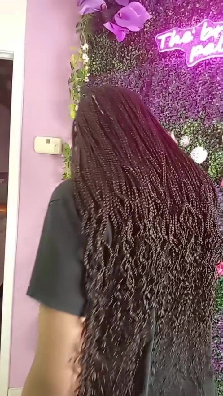 Back view of fine burgundy twists falling past the waist