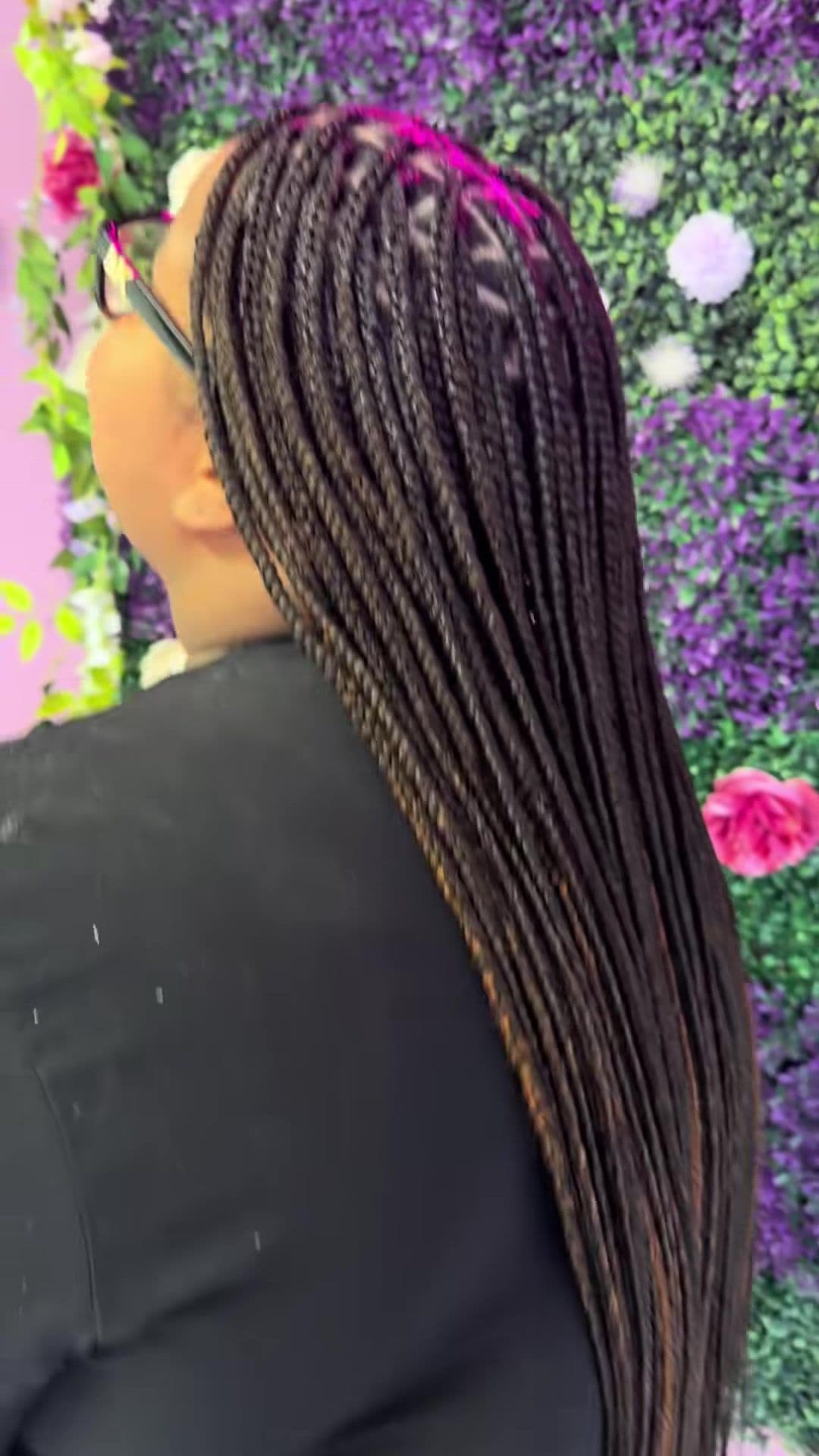 Side view of fine senegalese twists falling past the waist