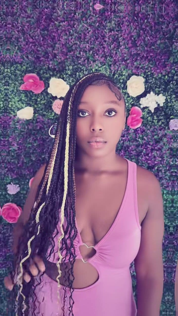 Long braids with a blonde highlighted section and curled ends, front view